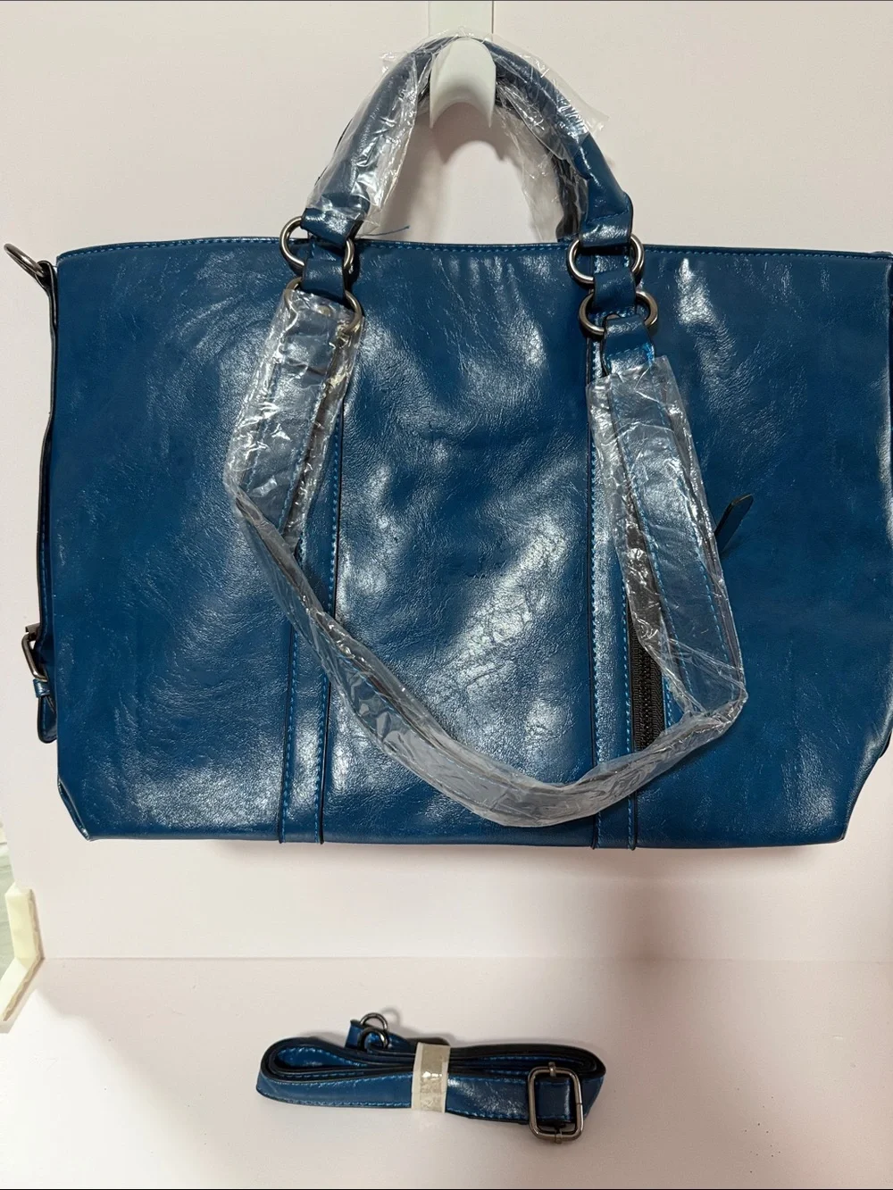 Blue Tote Handbag with Removable Strap